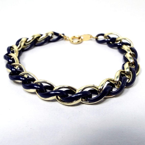 Dark Blue Enameled Trifari Vintage Chain Bracelet,