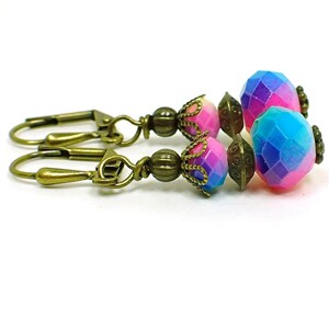Handmade Small Drop Rainbow Earrings, Antiqued Brass, Hook Lever Back or Clip On