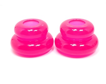 Set of Two Bright Neon Pink Resin Handmade Puffy Round Double Ring Candlestick Holders