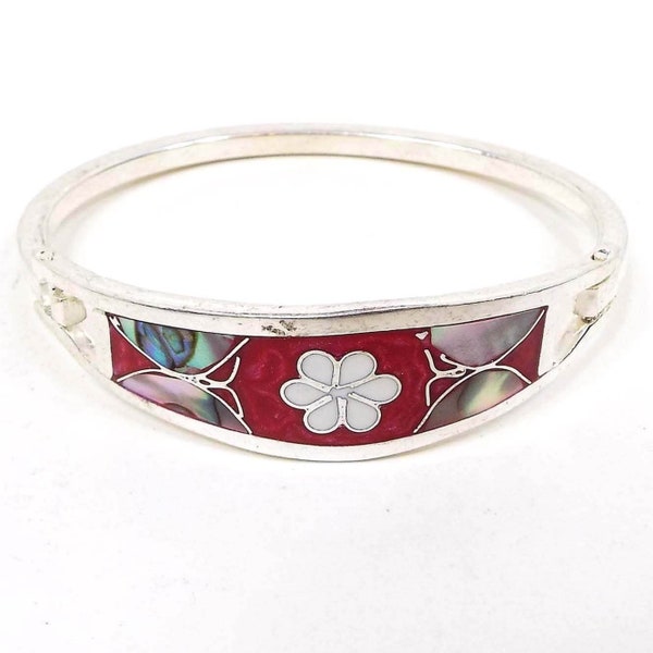 Small Mexican Floral and Butterfly Vintage Hinged Bangle Bracelet, Dark Pink and White Enameled, Silver Tone
