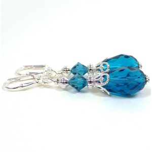 Handmade Teal Blue Glass Crystal Teardrop Earrings, Silver Plated, Hook Lever Back or Clip On
