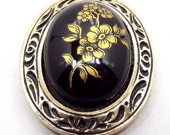 West Germany Black Mid Century Vintage Scarf Clip with Metallic Gold Painted Floral Design