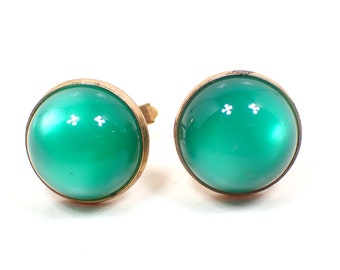 Green Moonglow Lucite Mid Century Vintage Cufflinks, Gold Tone Round Cuff Links, Spring Summer Jewelry, Gifts for Him