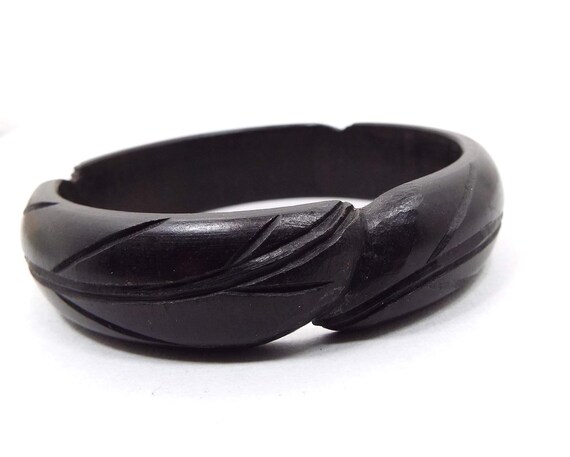 Carved Black Dyed Wood Vintage Bangle Bracelet - image 3