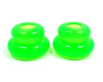 Set of Two Neon Green Resin Handmade Puffy Round Double Ring Candlestick Holders, UV Fluorescent, Gifts Under 40