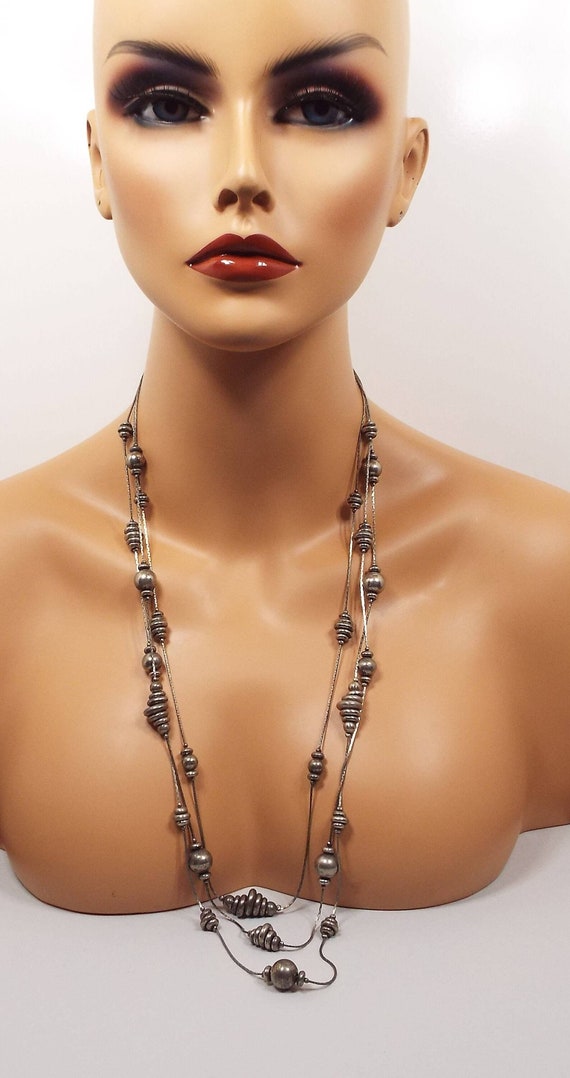 Long Retro Vintage Metal Beaded Multi Strand Chai… - image 2