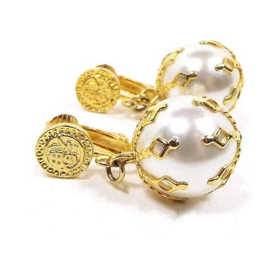 Celebrity Vintage Faux Pearl Drop Earrings, Gold … - image 1