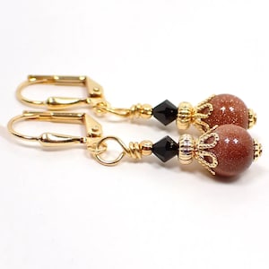 Handmade Small Goldstone Glass Drop Earrings, Gold Plated, Hook Lever Back or Clip On