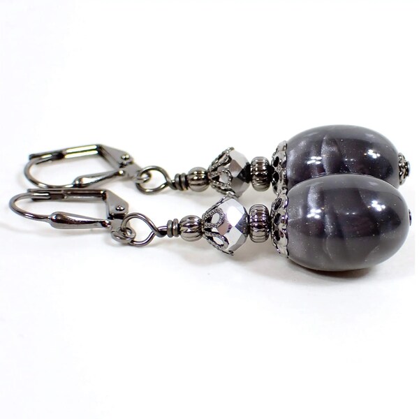 Handmade Pearly Gray Lucite Oval Drop Earrings, Gunmetal Plated, Hook Lever Back or Clip On