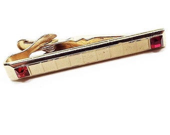 Swank Red Rhinestone Mid Century Vintage Tie Clip, Holiday Jewelry, Gold Tone