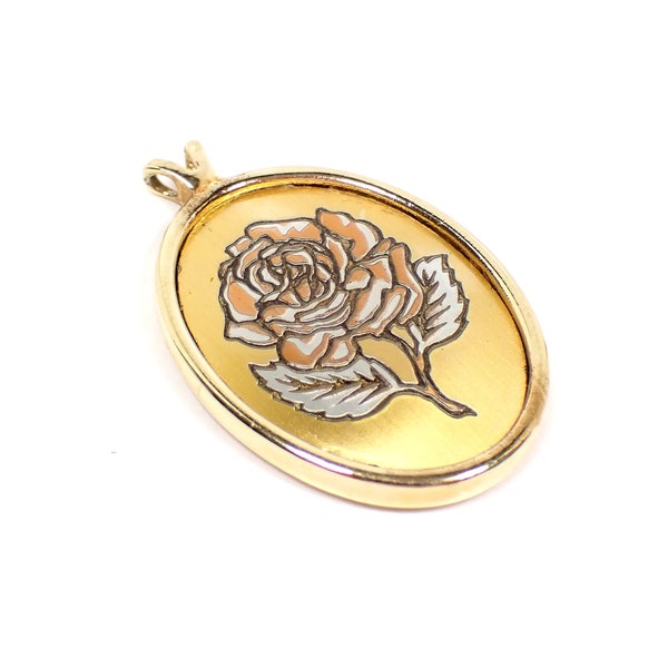 Reed and Barton June Rose Flower Damascene Pendant, Vintage Jewelry Supply Finding