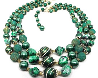 Japan Green White and Gold Beaded Mid Century Vintage Multi Strand Necklace
