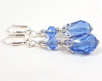 Handmade Blue Glass Crystal Teardrop Earrings, Silver Plated, Hook Lever Back or Clip On