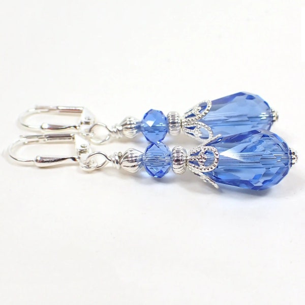 Handmade Blue Glass Crystal Teardrop Earrings, Silver Plated, Hook Lever Back or Clip On