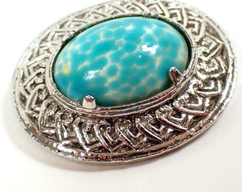 Jacobite Celtic Style Oval Vintage Brooch Pin with Blue Fancy Glass Cab, Silver Tone