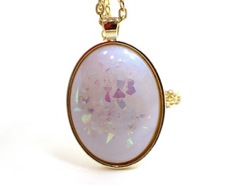 Handmade Blue Off White Color Shift Resin with AB Pink Glitter Oval Pendant Necklace, Gifts Under 20