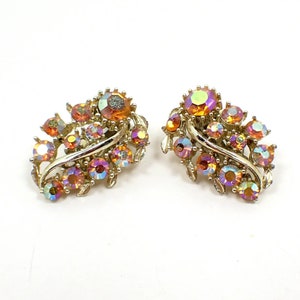 1950&#39;s AB Orange Rhinestone Vintage Leaf Clip on Earrings, Gold Tone, Sparkle Glitz Glam Prom Formal Jewelry, Gifts for Her