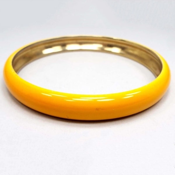 1970's Vintage Sunshine Yellow Enameled Bangle Bracelet, Gold Tone