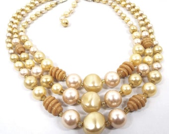 Japanese Light Yellow and Pink Beaded Mid Century Vintage Multi Strand Necklace