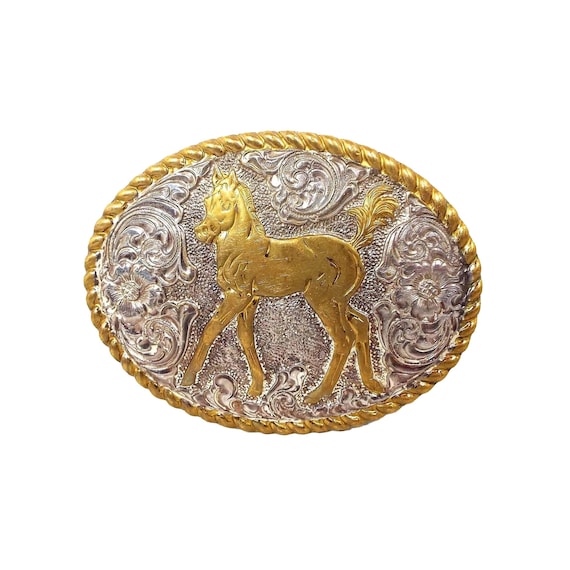 Large Vintage Crumrine Horse Pony Belt Buckle With Floral 