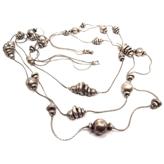 Long Retro Vintage Metal Beaded Multi Strand Chai… - image 1