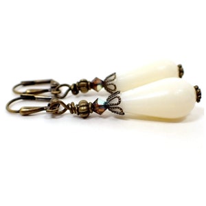 Handmade Off White Lucite Teardrop Earrings, Antiqued Brass, Hook Lever Back or Clip On