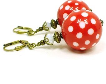 Handmade Large Red Polka Dot Lucite Drop Earrings, Antiqued Brass, Hook Lever Back or Clip On