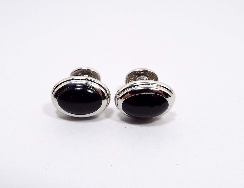 Black Plastic Front Bean Back Vintage Cufflinks Curved Silver Tone Oval Cuff Links Mid Century 1950s 50s Gentleman Jewelry