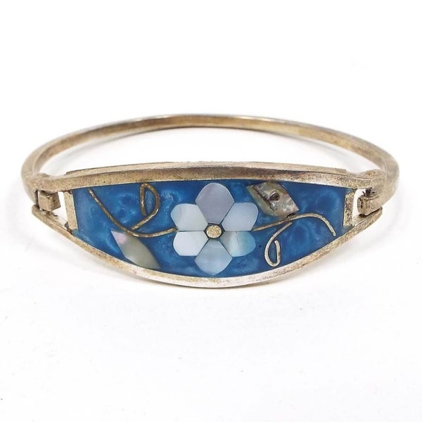 Mexican Pearly Blue Enameled Vintage Hinged Flower Bangle Bracelet, Floral Jewelry, Alpaca Silver Tone