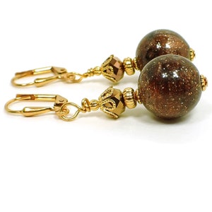 Handmade Sparkly Brown Lucite Galaxy Earrings, Gold Plated, Hook Lever Back or Clip On