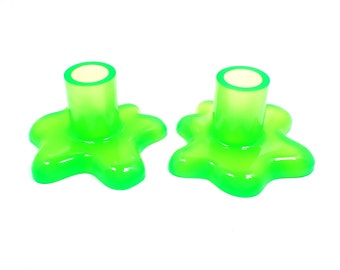 Set of Two Splat Style Handmade Neon Green Resin Candlestick Holders, UV Fluorescent, Unisex Gifts for Him Her Them