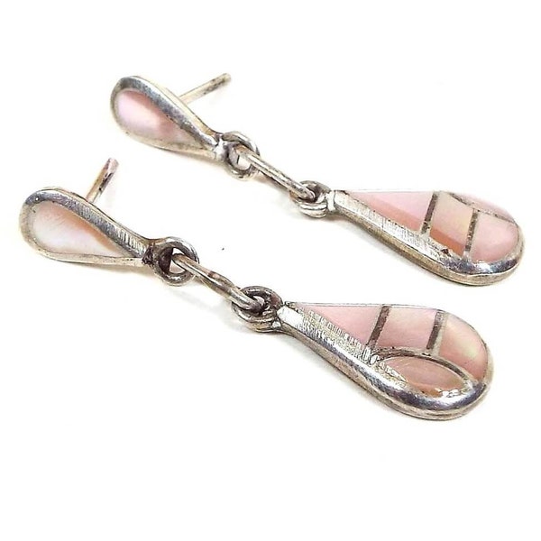 Small Pink Dyed Mother of Pearl Vintage Teardrop Earrings, Silver Tone, Boho Jewelry