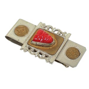 Pince à billets maçonnique vintage en argent sterling 925 Taxco, guerrier en verre rouge, calendrier aztèque, accessoires du sud-ouest du Mexique, cadeaux pour lui