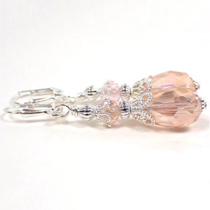 Handmade Light Pink Glass Crystal Teardrop Earrings, Silver Plated, Hook Lever Back or Clip On