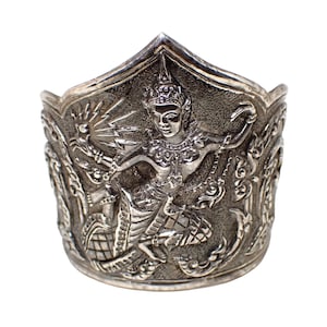 Sterling Silver Mid Century Repousse Siam Dancer Vintage Cuff Bracelet