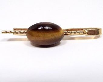 Tiger's Eye Vintage Tie Bar, Gentleman Jewelry, Gold Tone Slide On