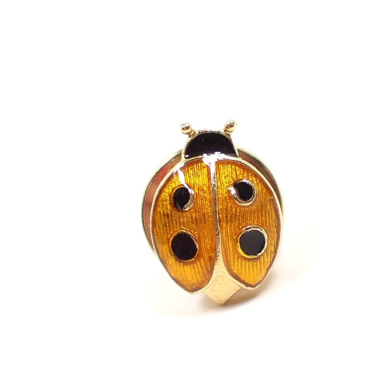 Orange Yellow and Black Enameled Ladybug Vintage Tie Tack Lapel Pin, Gold Tone, Retro 1980s 80s, Unisex Jewelry Gifts for Them image 3