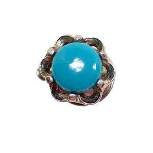 Vintage Faux Turquoise Blue Flower Silver Tone Tie Tack