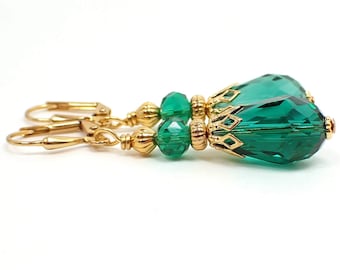 Handmade Teal Green Glass Crystal Teardrop Earrings, Gold Plated, Hook Lever Back or Clip On