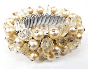 Japan Mid Century Vintage Off White Faux Pearl and Glass Crystal Beaded Expansion Bracelet, Cha Cha Bracelet
