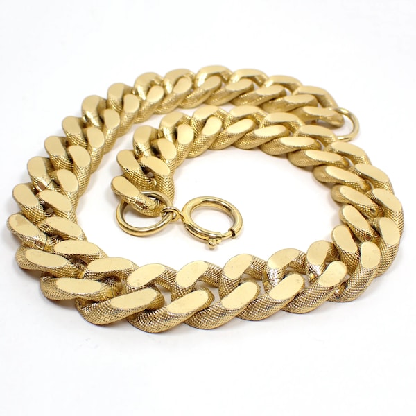 Big Wide Vintage Cuban Link Chain Necklace, Textured Gold Tone Plated Aluminum, Hip Hop Jewelry
