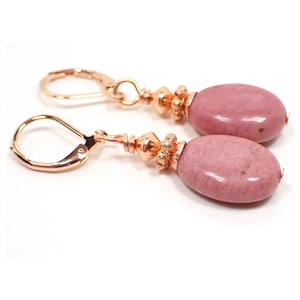 Handmade Pink Rhodonite Oval Drop Earrings, Gemstone Jewelry, Rose Gold Plated, Hook Lever Back or Clip On