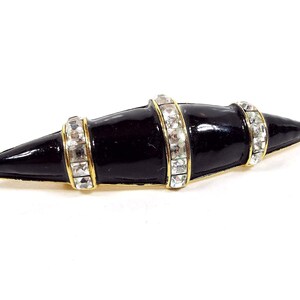 Large Black Enameled Vintage Rhinestone Brooch Pin, Mod Jewelry, Gold Tone Geometric