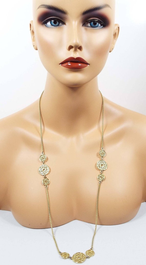 Long Gold Tone Filigree Vintage Chain Necklace - image 2