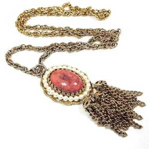 Dark Pink Vintage Faux Pearl Tassel Pendant Necklace, Gold Tone, Boho Jewelry