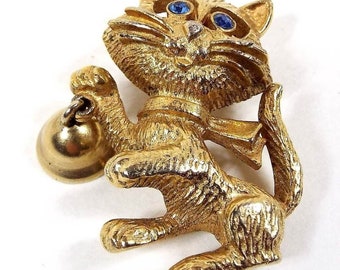 Avon Cat with Blue Rhinestone Eyes and Bell Vintage Brooch Pin, Gold Tone