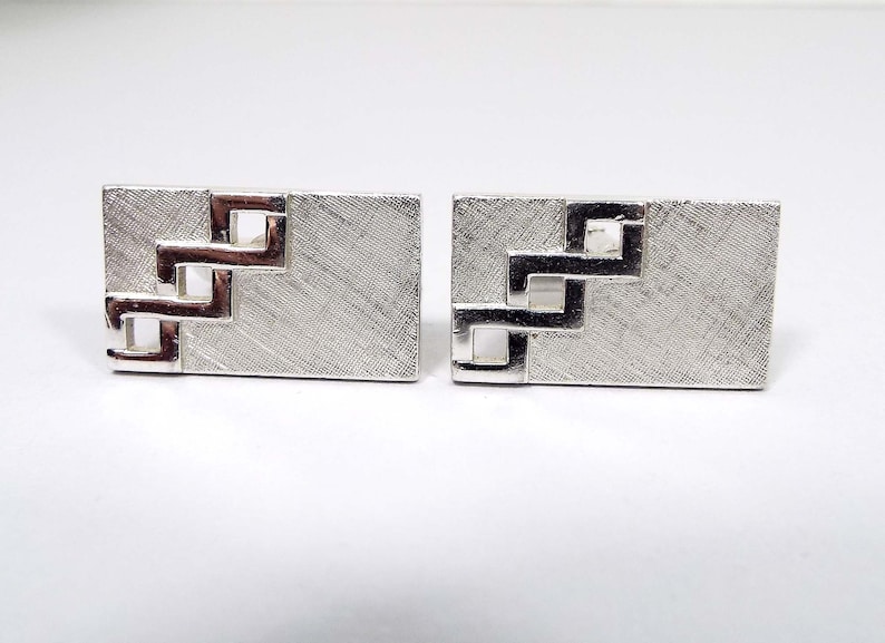 Mid Century 1960s 60s Brushed Silver Tone Cuff Links Hipster Jewelry Swank Signed Vintage Cufflinks Rectangle Cutout