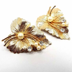 1960's Faux Pearl and Rhinestone Leaf Mid Century Vintage Clip on Earrings, Fall Jewelry