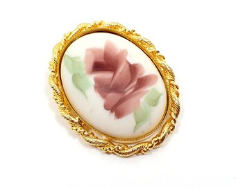 Painted Porcelain Flower Vintage Brooch Pendant, Gold Tone Oval, Spring Floral Jewelry, Gifts for Her