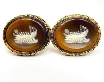 Dante Incolay Ship Cameo Mid Century Vintage Cufflinks, Nautical Cameo